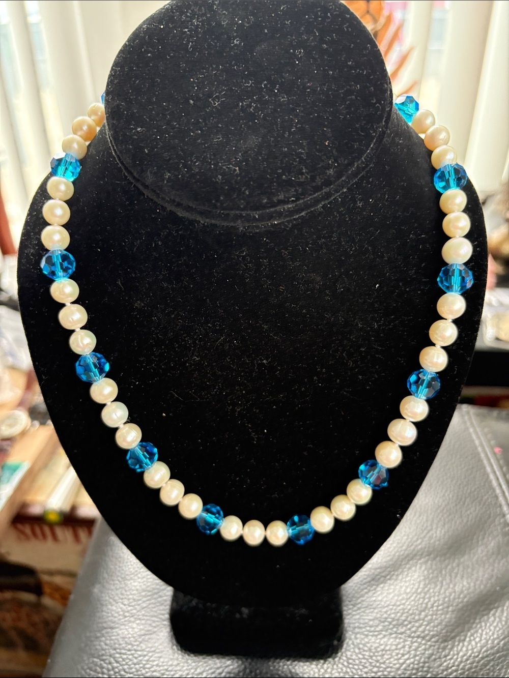 Silver Plated Freshwater Pearls and Blue Crystal Swarovski Necklace